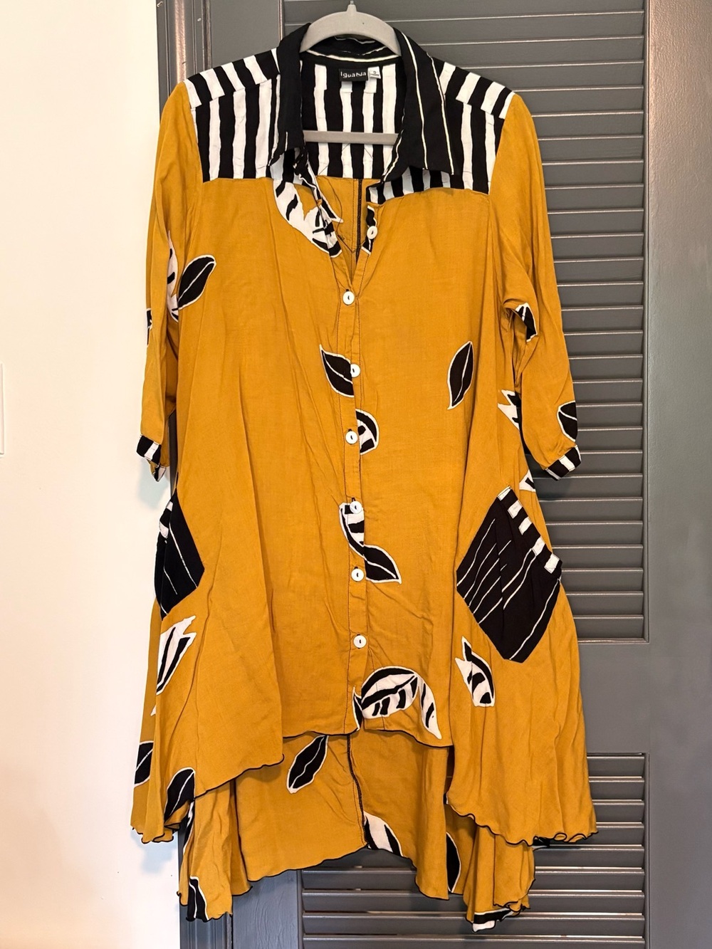 IguaNa Mustard Yellow Asymmetrical Button-Front Dress with Black & White Accents